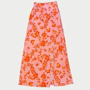 Altar'd State Satin Floral Maxi Skirt - Size Extra Small, Pink/Orange